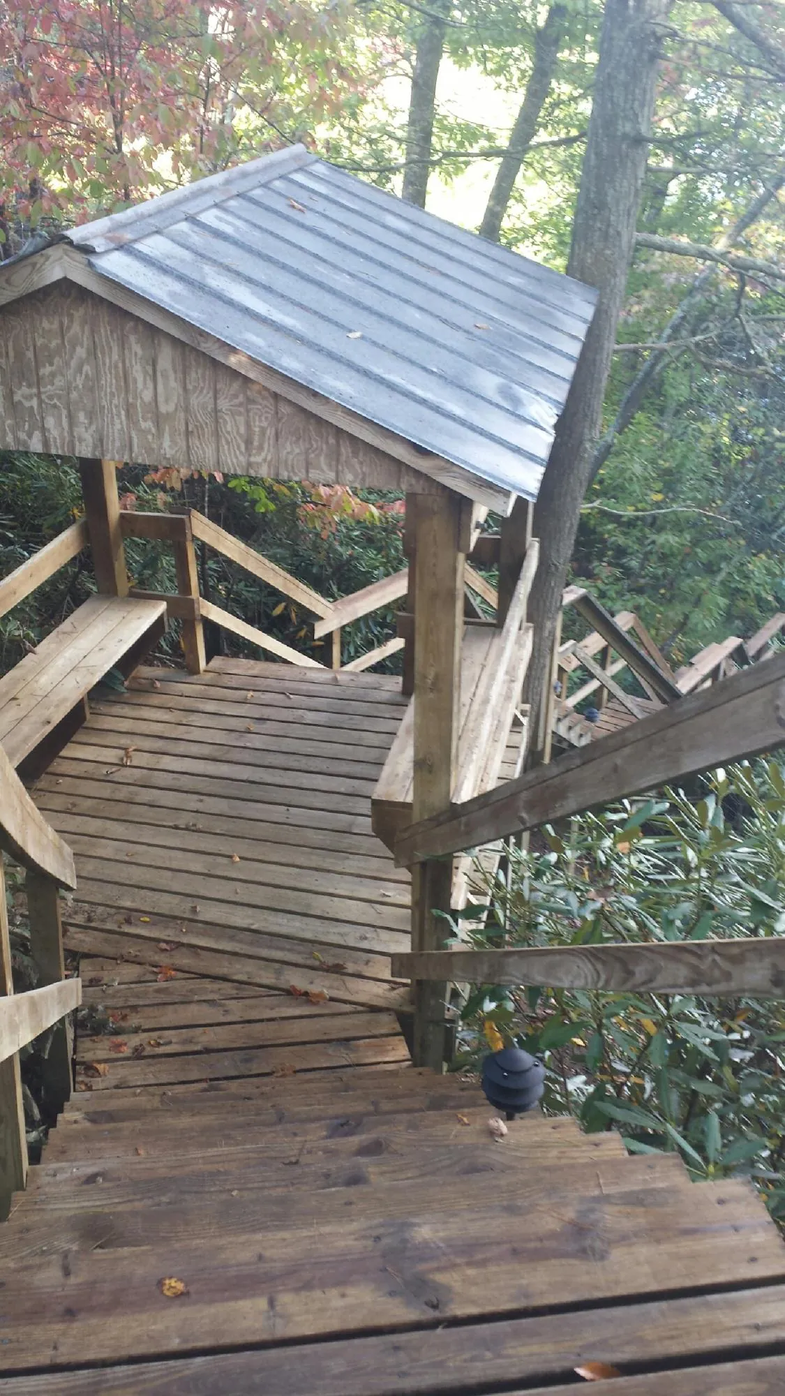 Metal roofed shelter over wooden steps on a wooded walkway — Skylight Repair & Installation work by our crew in Otego